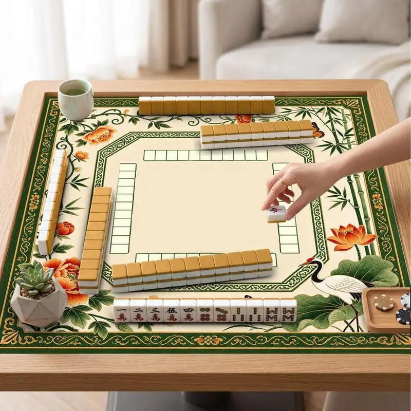 VIKAMA Green Bamboo Crane Peony Mahjong Mat Non Slip Noise Reduction Soft Square Pad Washable For Family Mahjong Part