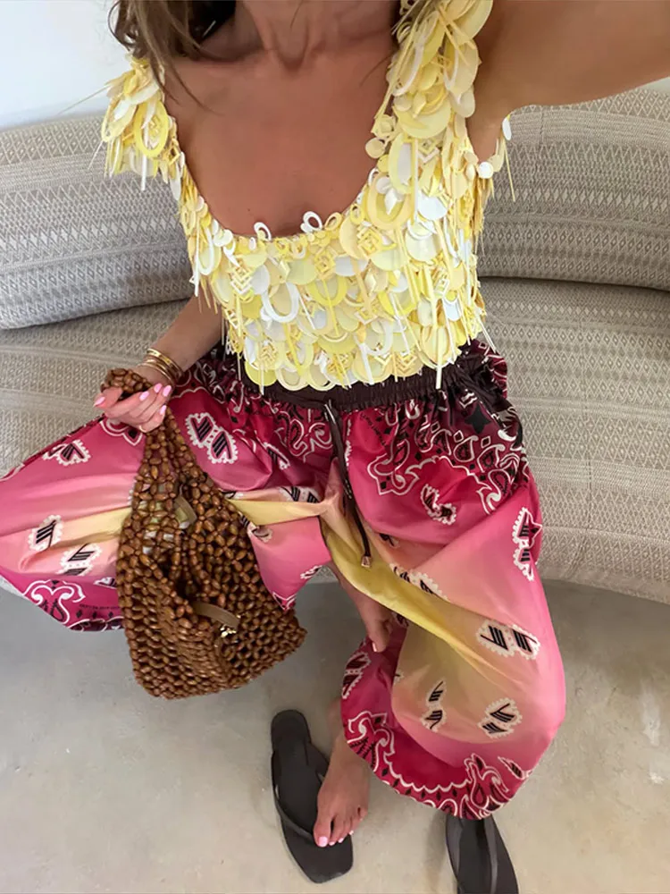 2026 Summer Autumn Casual Print Pleated Women's Trousers Beach Dropped Elastic Waist Wide Leg Pants Drawstring Holidays Lady New