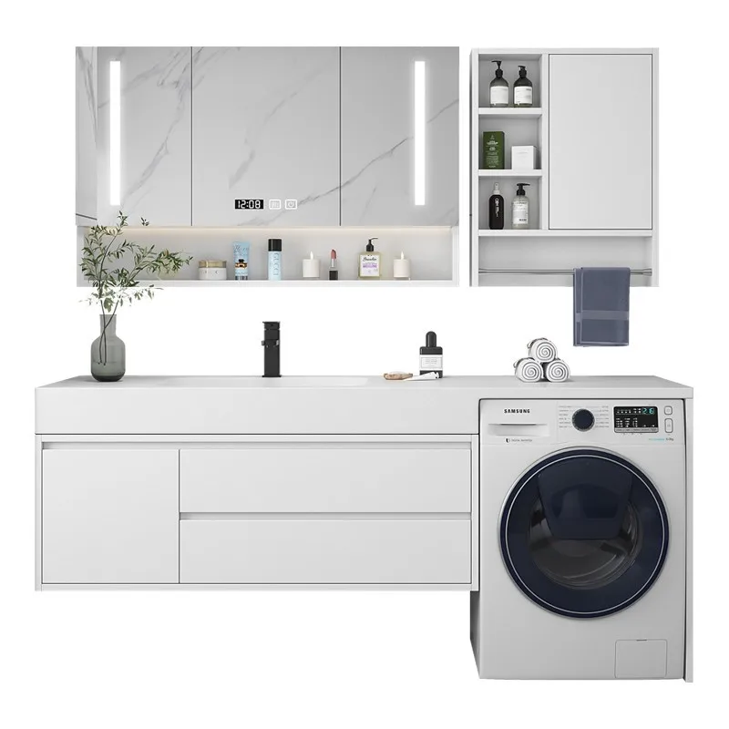 Corian integrated basin bathroom cabinet combination cream style balcony washing machine cabinet solid wood basin