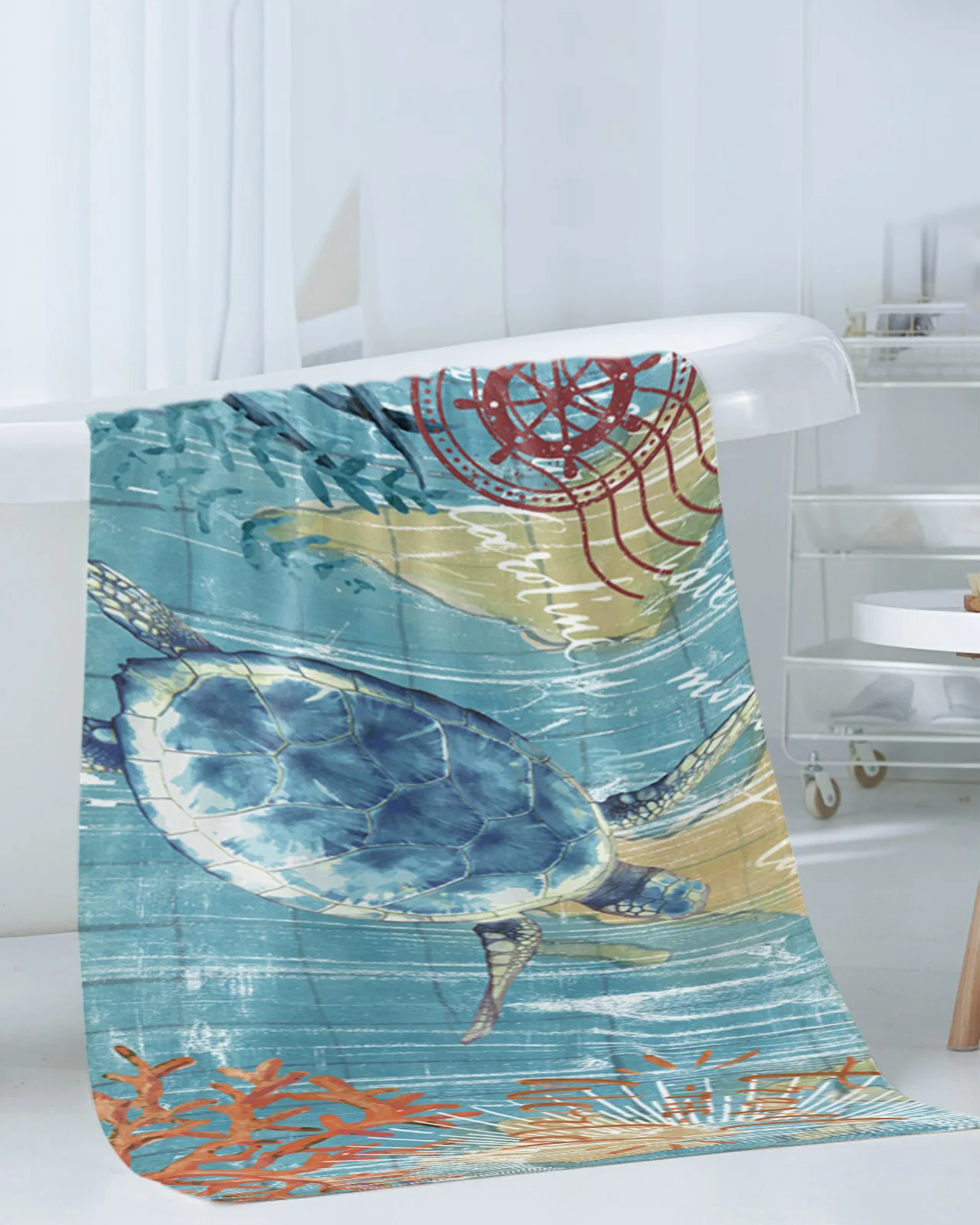 3pcs Bath Towel Set Nautical Theme Marine Life Series Turtle Large Bath Towels Face Towel Hand Towels Washcloths Bathroom Towels