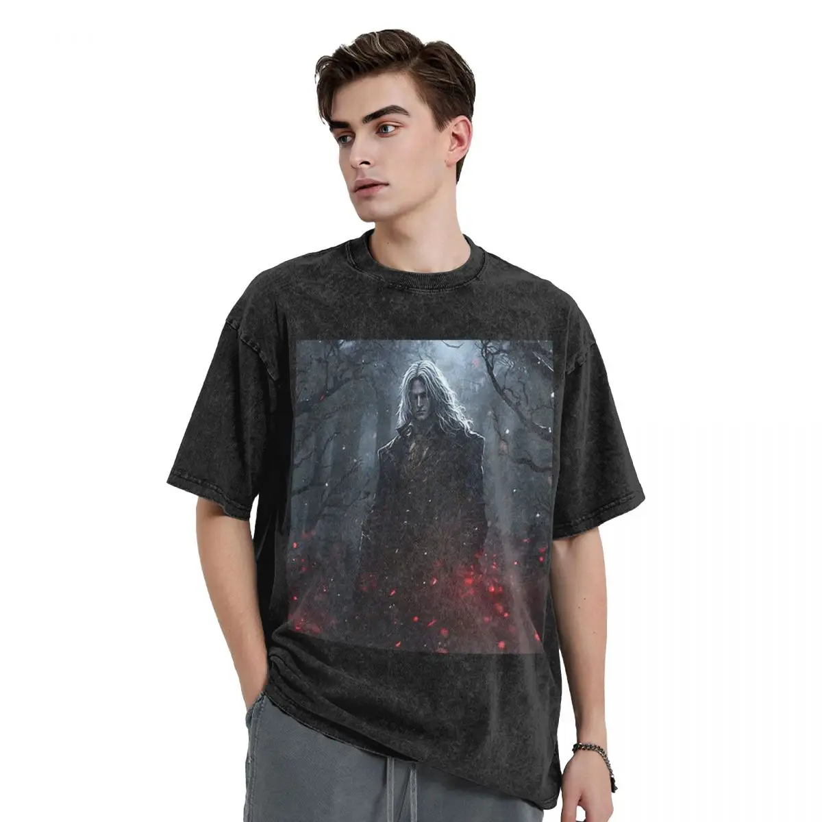 

Alucard Vampire Game Washed T Shirts Vintage Short Sleeve Hip Hop T-Shirt Streetwear Tops Tees for Men Women