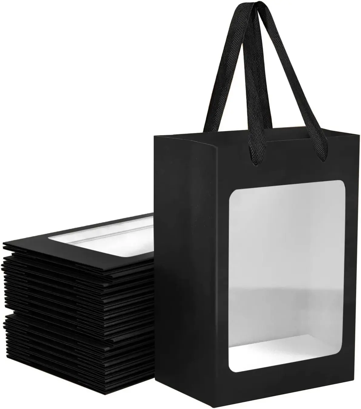 

Pcs Black Kraft Paper Gift Bags with Transparent Window, 9.84'x7.0'x5.12' Kraft Shopping Bags with Handles for Bouquet Christmas