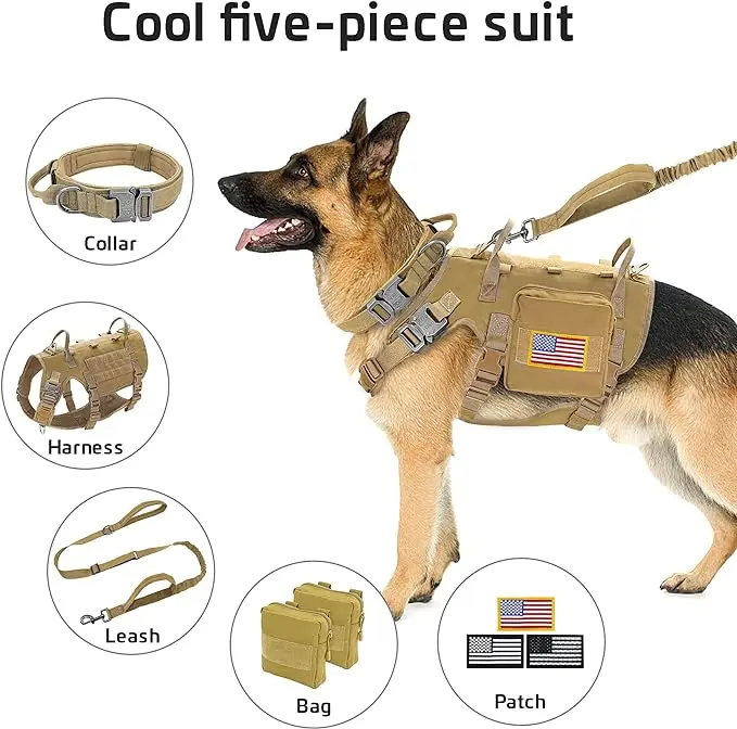 Arnés táctico militar para perro, conjunto de Collar y Correa, chaleco de entrenamiento para perros grandes y duraderos, MOLLE con bandera de bolsas