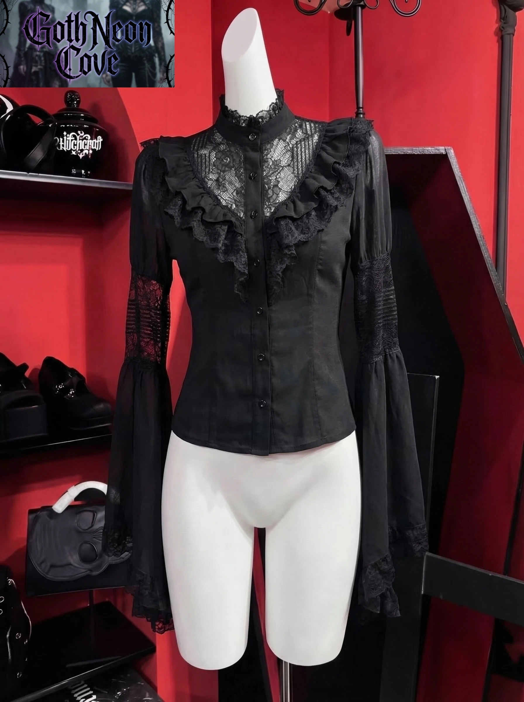 

Spring Summer French Dark Goth Vintage T Shirt Women's Stand Collar Flare Sleeve Single Breasted Top Aesthetic Y2K Court T Shirt