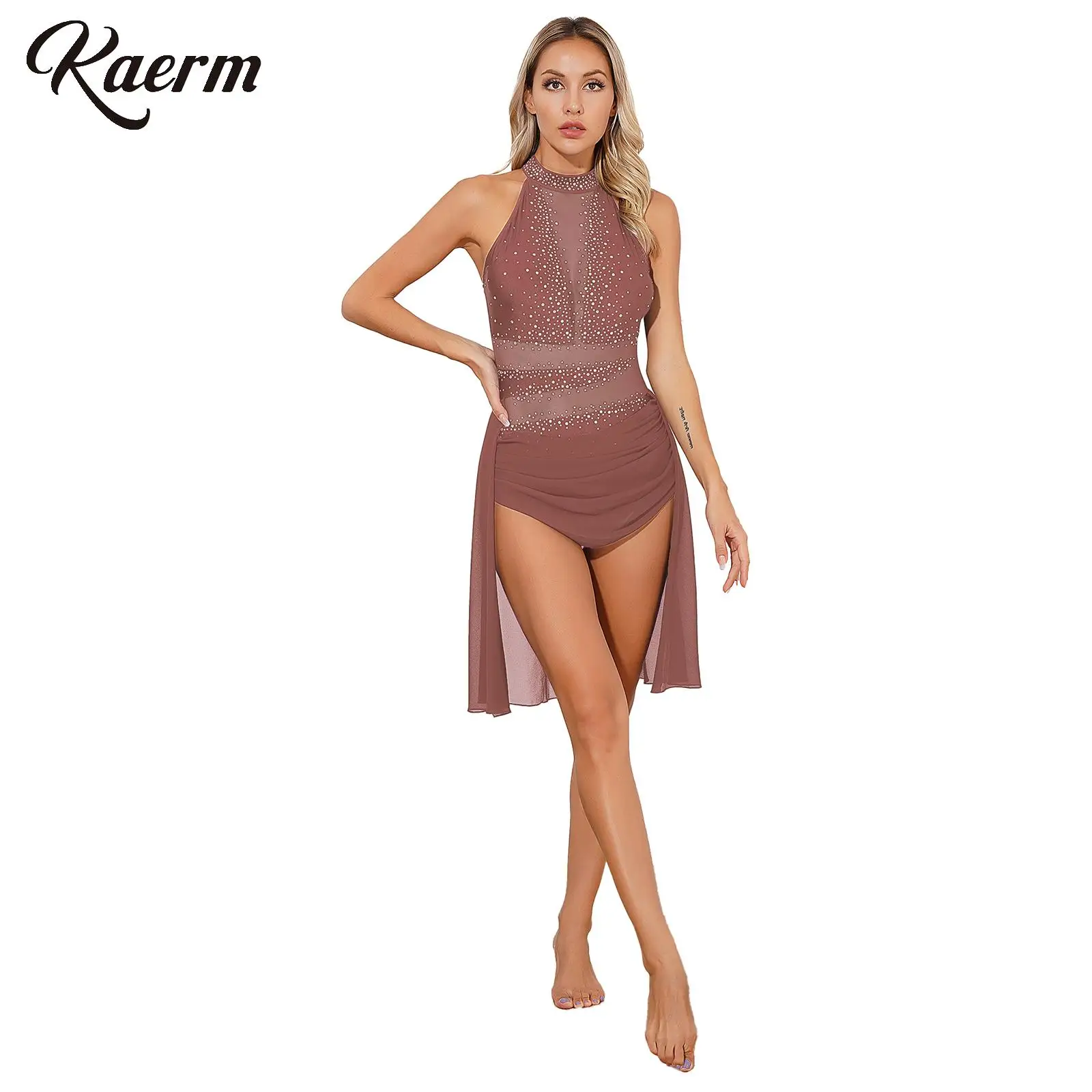 Women Lyrical Dance Costume Rhinestone Backless Mesh Patchwork Mock Neck Leotard Solid Color Dresses Latin Tango Ballroom Dance