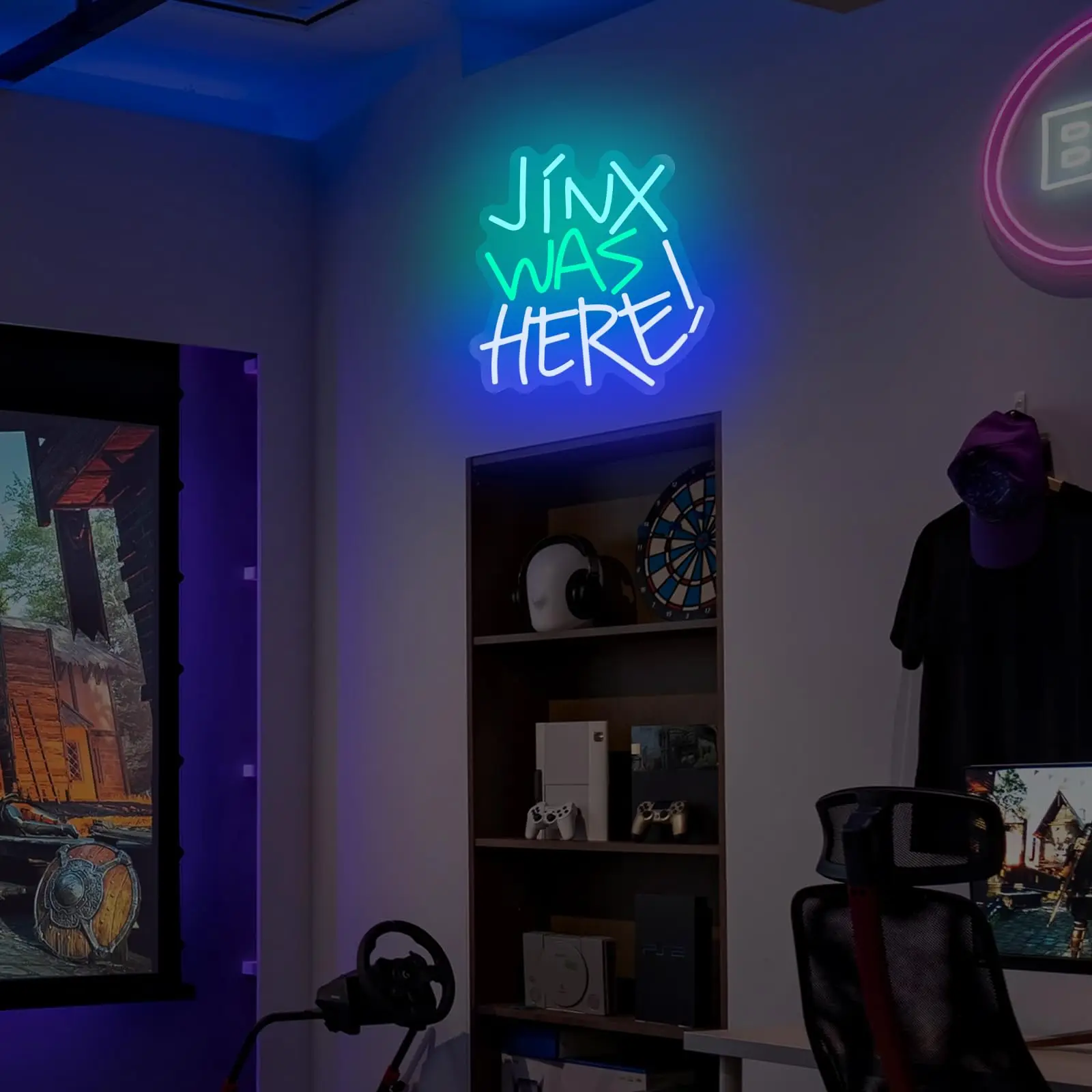 Jinx Was Here Insegna al neon, Insegna al neon per decorazioni da parete, Insegna a LED dimmerabile per camera da letto, Camera dei bambini Man Cave Playroom Playwall Gamer Party