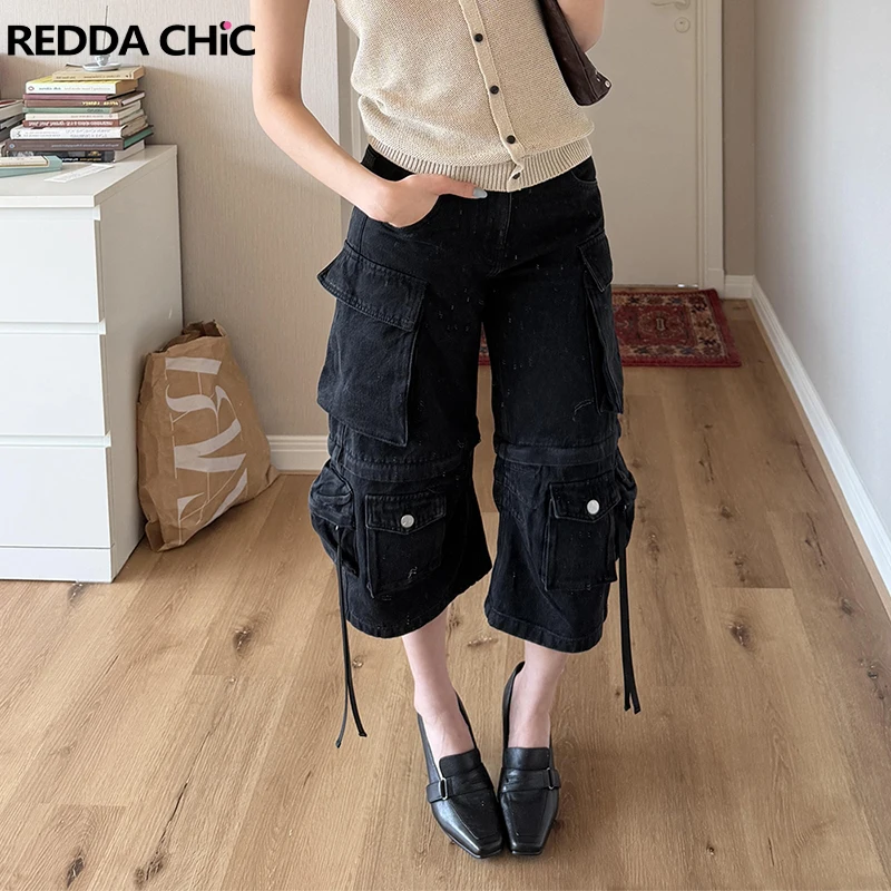 ReddaChic Boyfriend Calças Capri Jeans Multibolsos Hip-hop Soltas Perna Larga Cargo Cintura Baixa Bermuda Jeans Retrô Streetwear