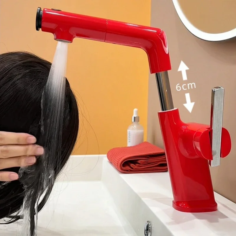 Multi-Function Pull-Out Bathroom Tap with Adjustable Height, Hot and Cold Water, for Washbasin Countertop – Berry Red