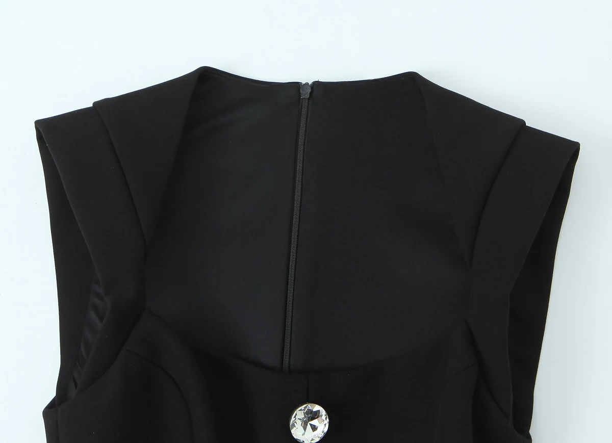 Frauen Mode Schwarz Mini Overall Weibliche Quadrat Kragen Karte Schulter Ärmellose Einreiher Overall Sexy Slim Fit Body