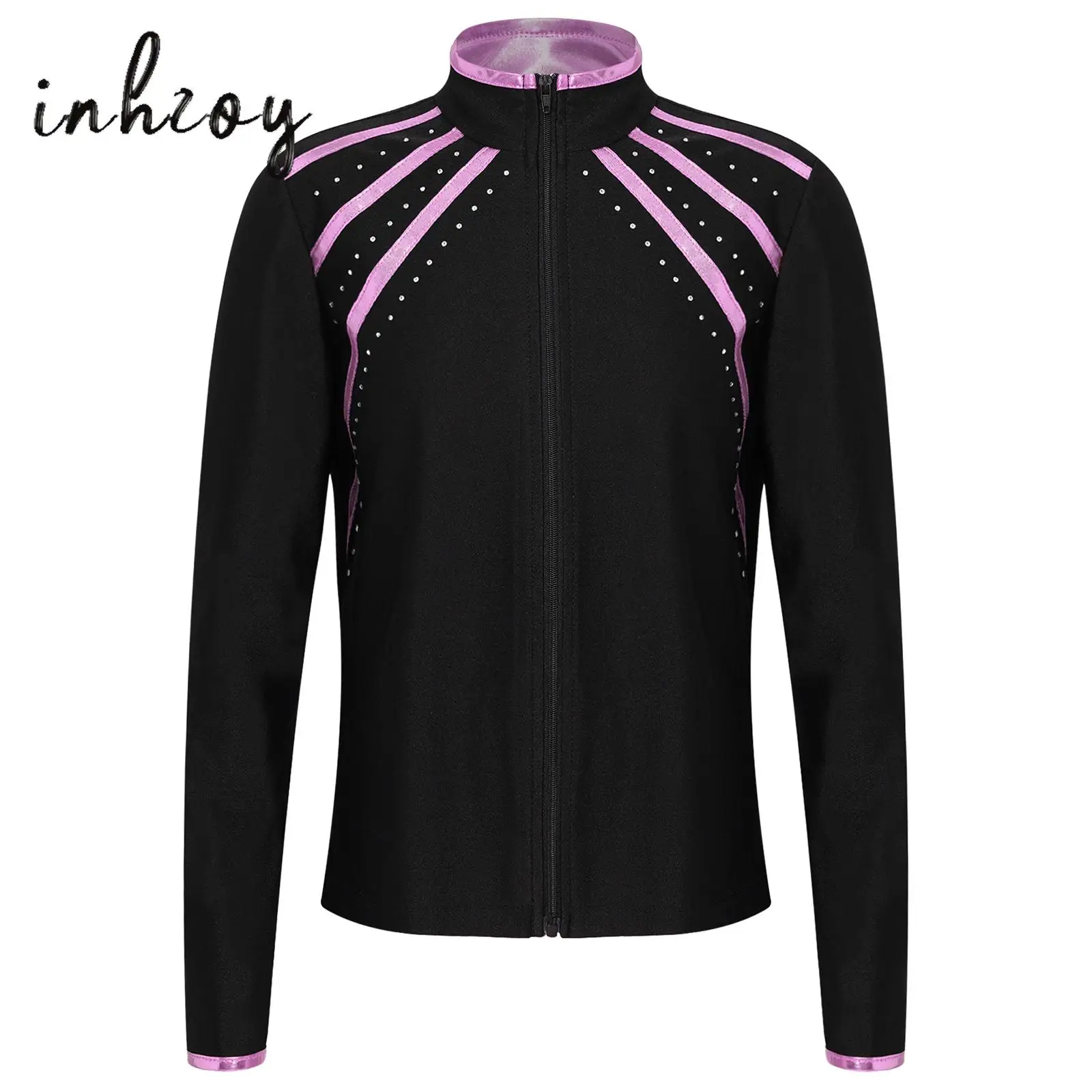 

Kids Girls Sweatshirt Figure Skating Gymnastics Workout Costume Shiny Rhinestones Metallic Striped Long Sleeve Zipper Jacket Top