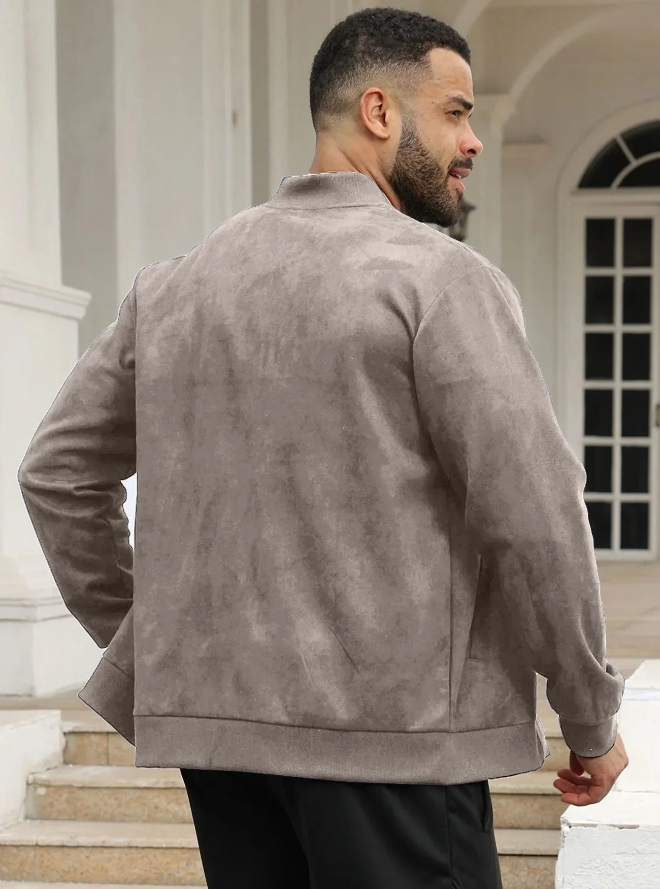 Herren-Wildlederjacke mit durchgehendem Reißverschluss, Stehkragen, lässig, langärmelig, einfarbig, leichte Streetwear-Oberbekleidung – Detail 15