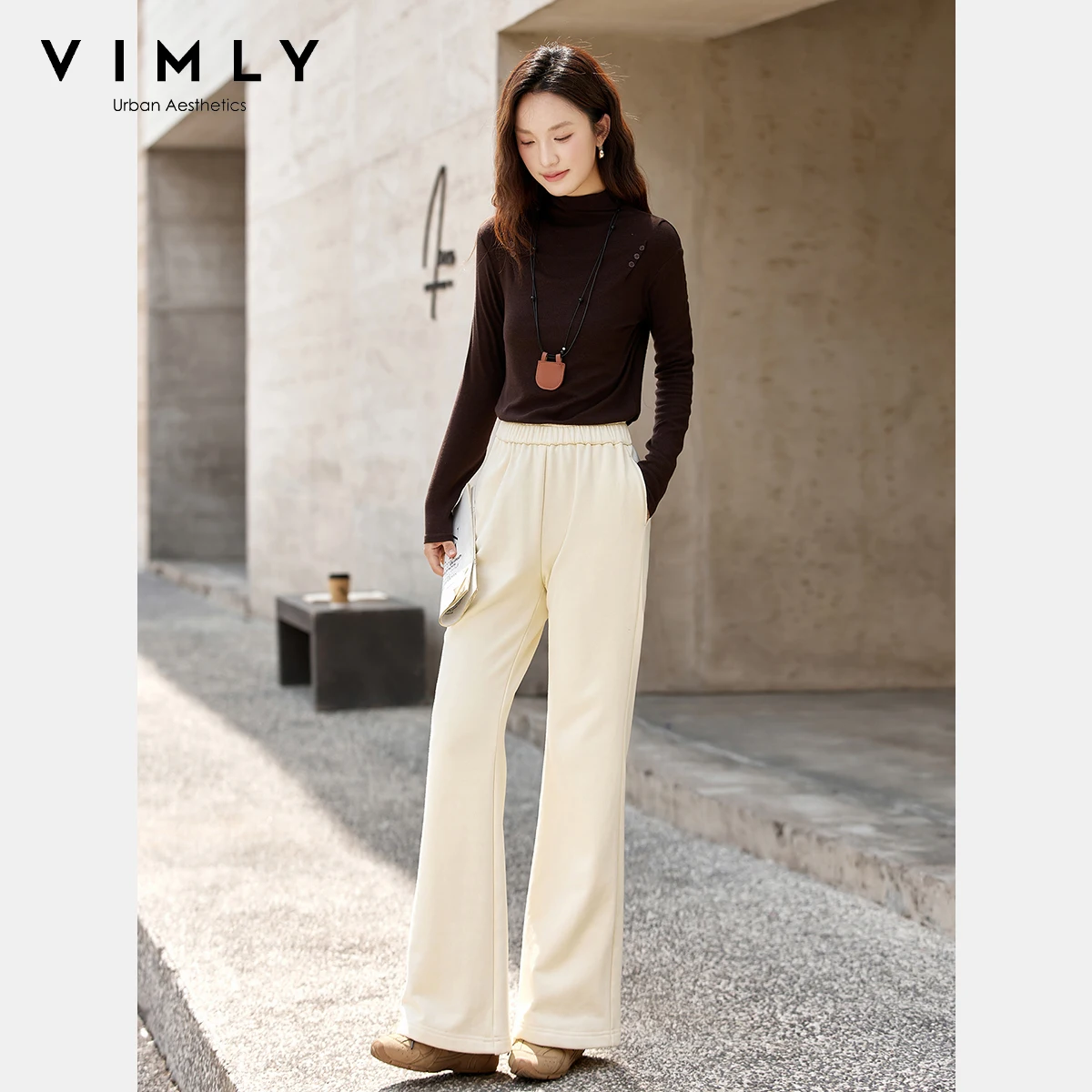 VIMLY Flared Women Apricot Pants Autumn 2025 New Elegant Strecth Knitted Casual Long Pants Fashion Pockets Woman Trousers A2855