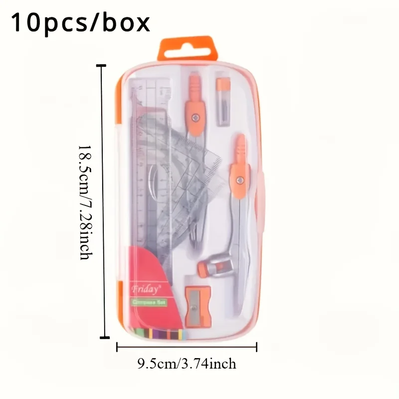 10 قطع لكل صندوق مجموعة أدوات الرياضيات متعددة الألوان، بما في ذلك البوصلة، المنقلة، المسطرة، الممحاة، قلم رصاص وغيرها من الرسم