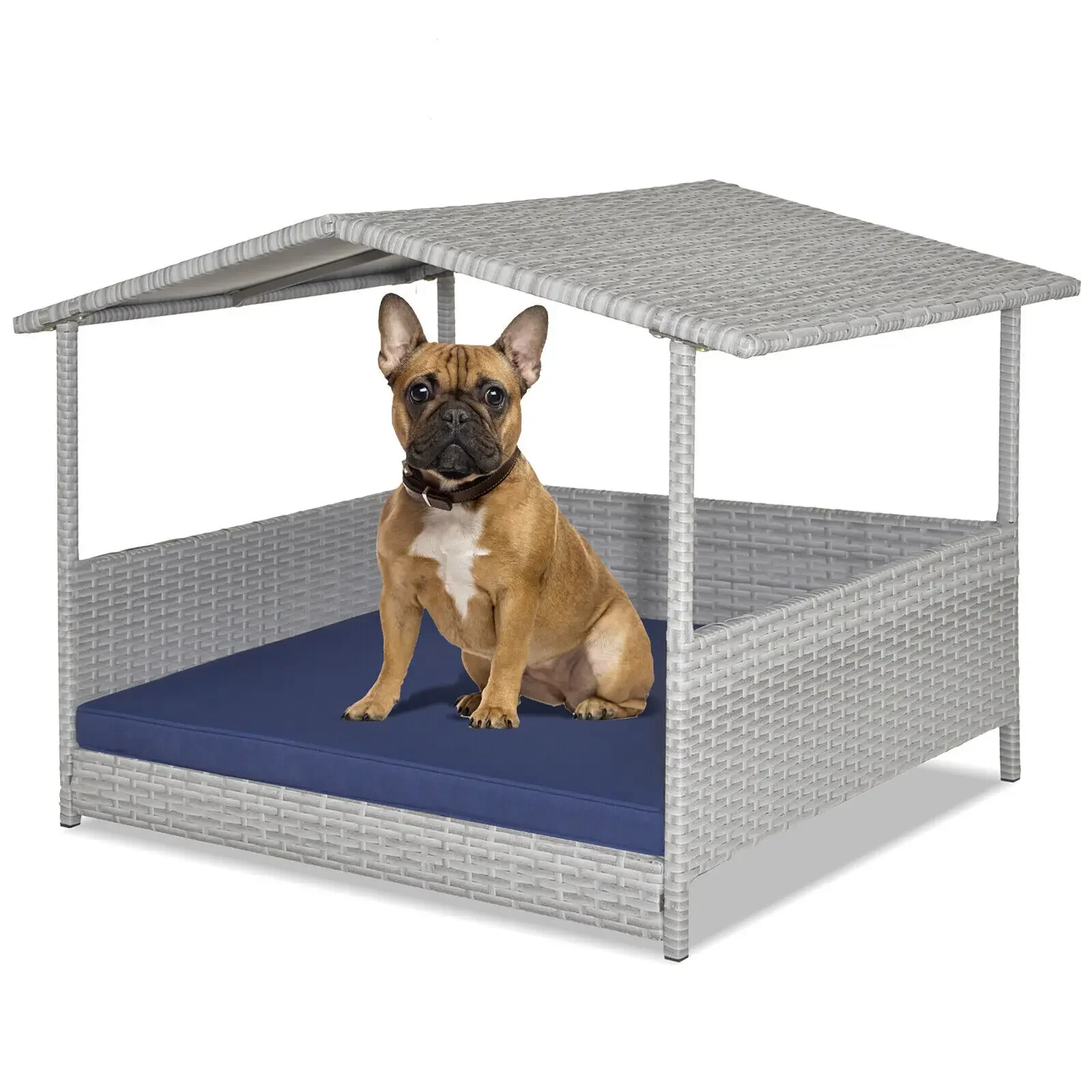 Wicker Dog House Weather-Resistant Raised Rattan Pet Bed With Detachable Cushion