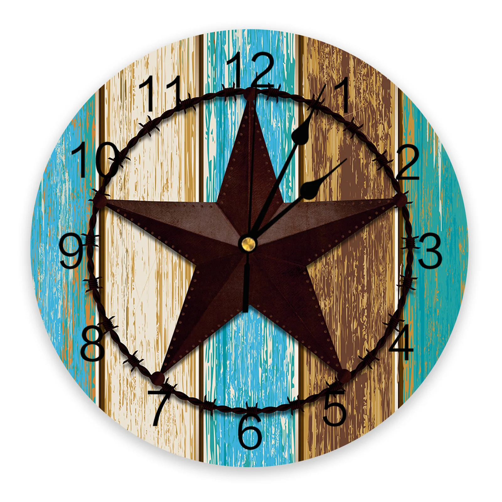 Vintage Farm Teal Wood Grain Country Star Silent Wall Clock Fashion Living Room Watch Modern Home Decoration Round Clocks