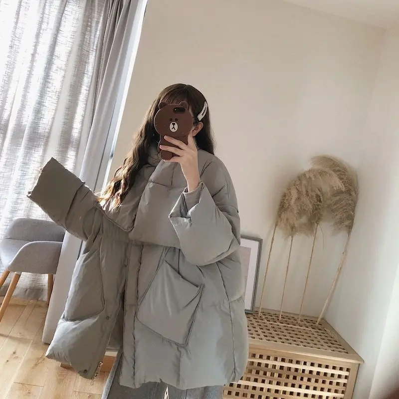 Female Cotton Clothes Jacket Mid-Length Women O-neck Solid Color Coat Ladies Loose Casual Large Lightweight Warm Outerwear G900