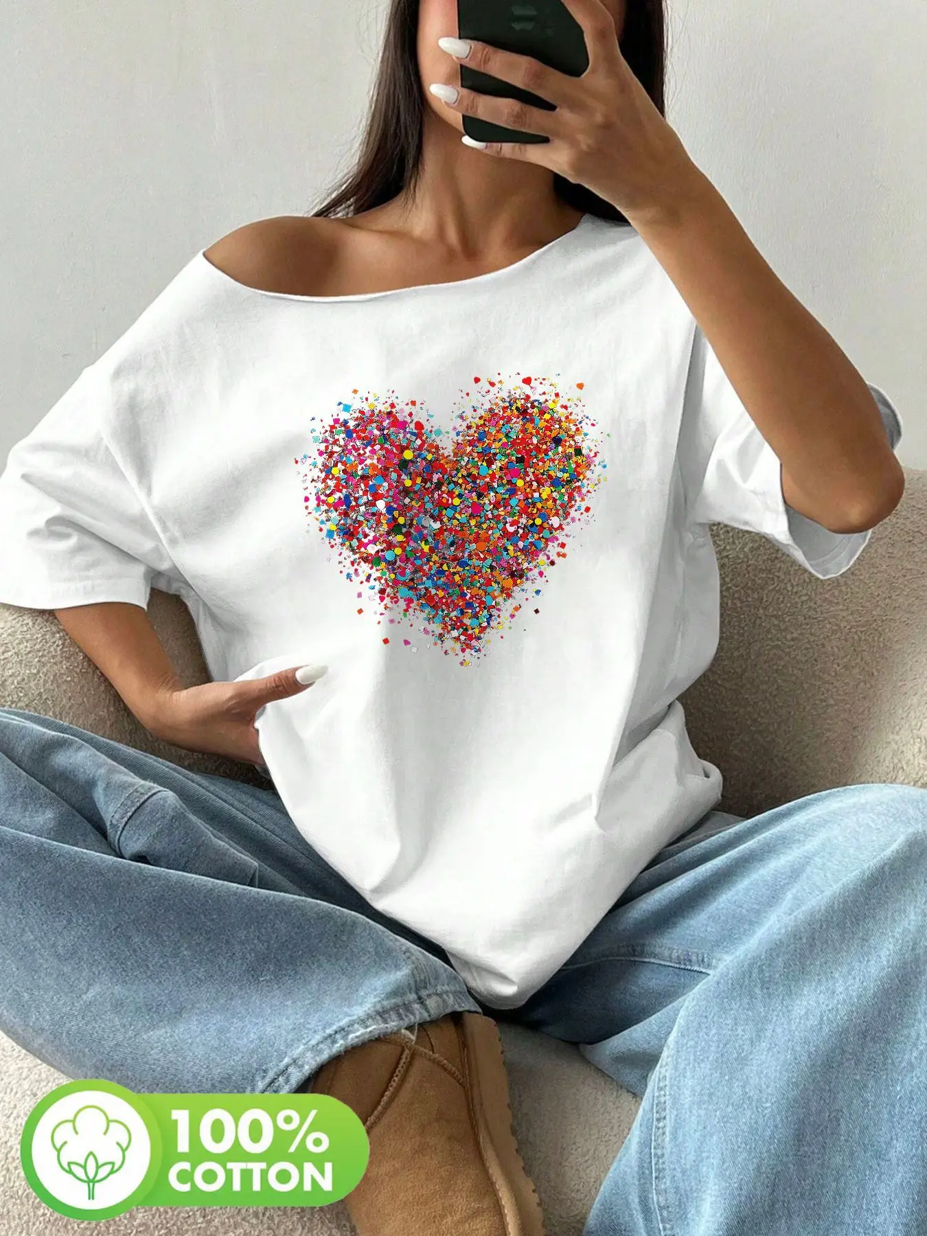 T-shirt ample imprimé 100 % coton grande taille style Y2K pour femme – Haut d'été à épaules dénudées