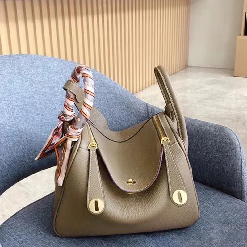 Top Layer Cowhide Leather Lyndi Bag 2025 New Style Lychee Pattern Genuine Leather Bucket Handbag Single Shoulder Crossbody
