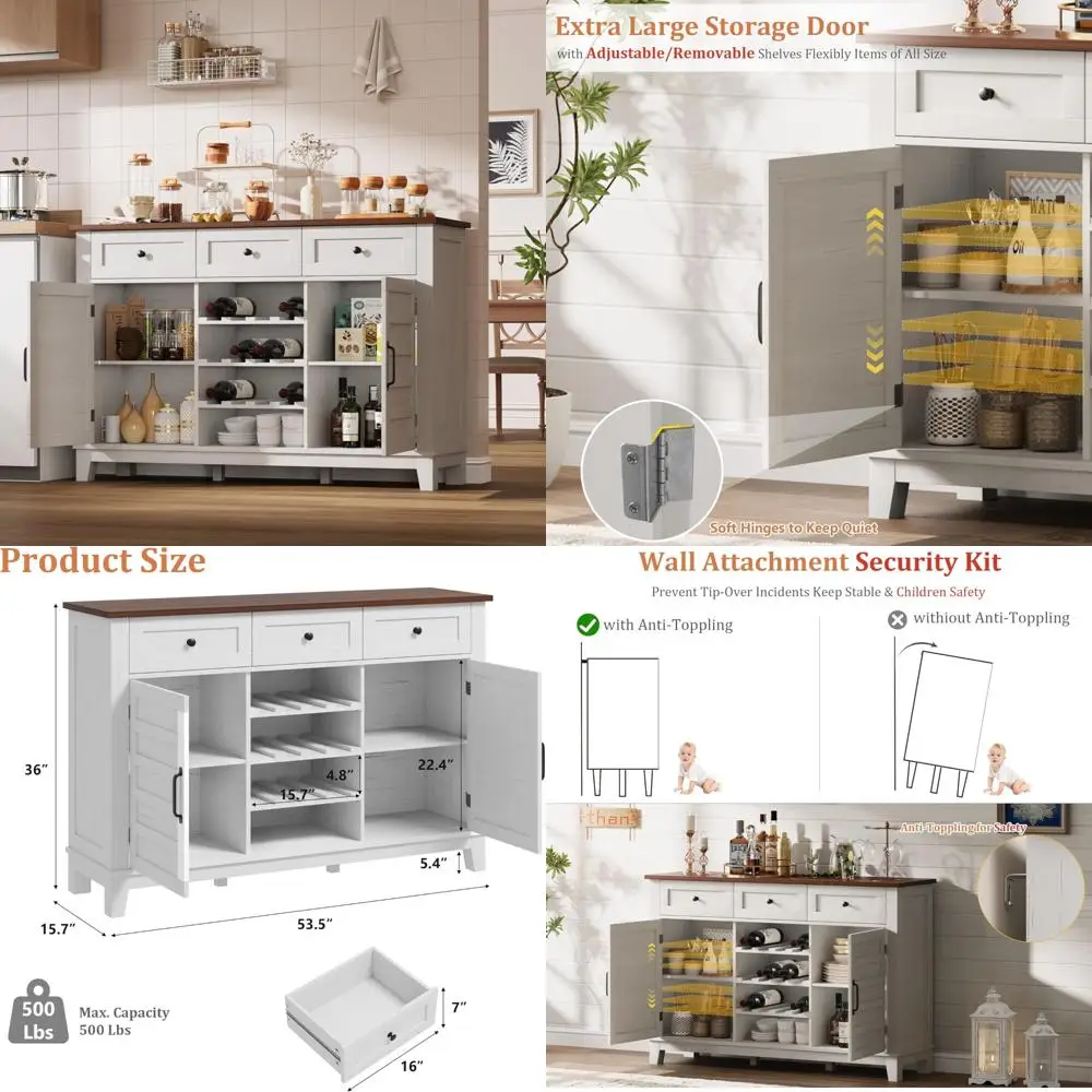 خزانة بوفيه على طراز المزرعة الريفية، عريضة 53.5 و36 مرتفعة، تتميز بـ 3 أدراج، ومساحة تخزين، ورف نبيذ قابل للعكس #1