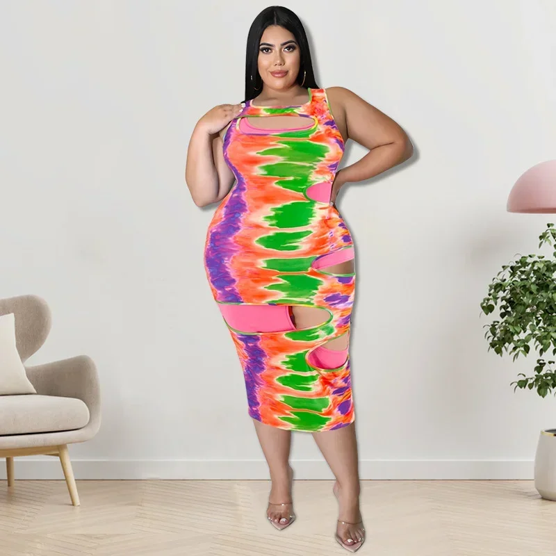 

KEXU Sexy Hollow Hole Print Women Plus Size Dress O-neck Stretchy Bodycon Night Club Party Dresses Vestidos Summr Outfits