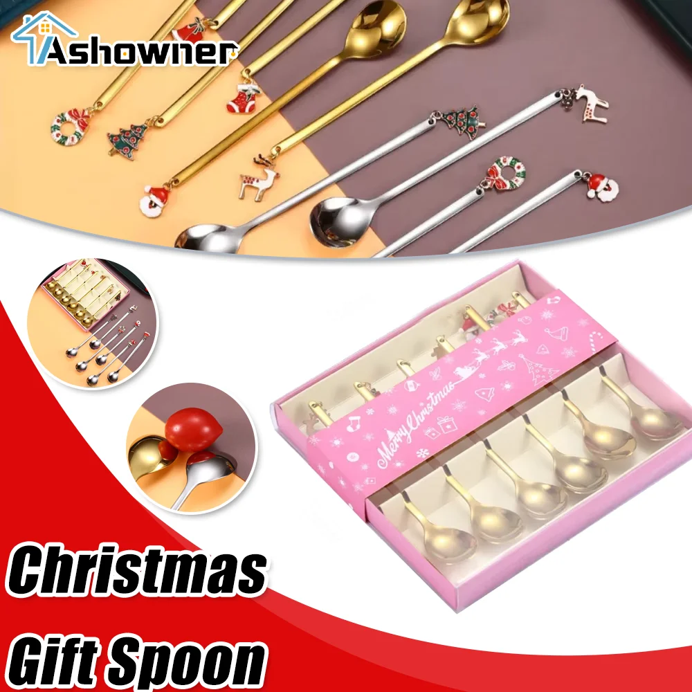 

Christmas Tableware Gift Box Stainless Steel Spoon Creative Cute Christmas Pendant Spoon for Coffee Dessert Spoon Christmas Gift