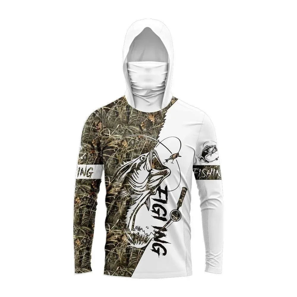 Mens Hooded Face Gaiter Fishing Shirts UPF 50+ Sun Block Quick Dry Breathable Lightweight Stretchy Long Sleeve Angling Wear