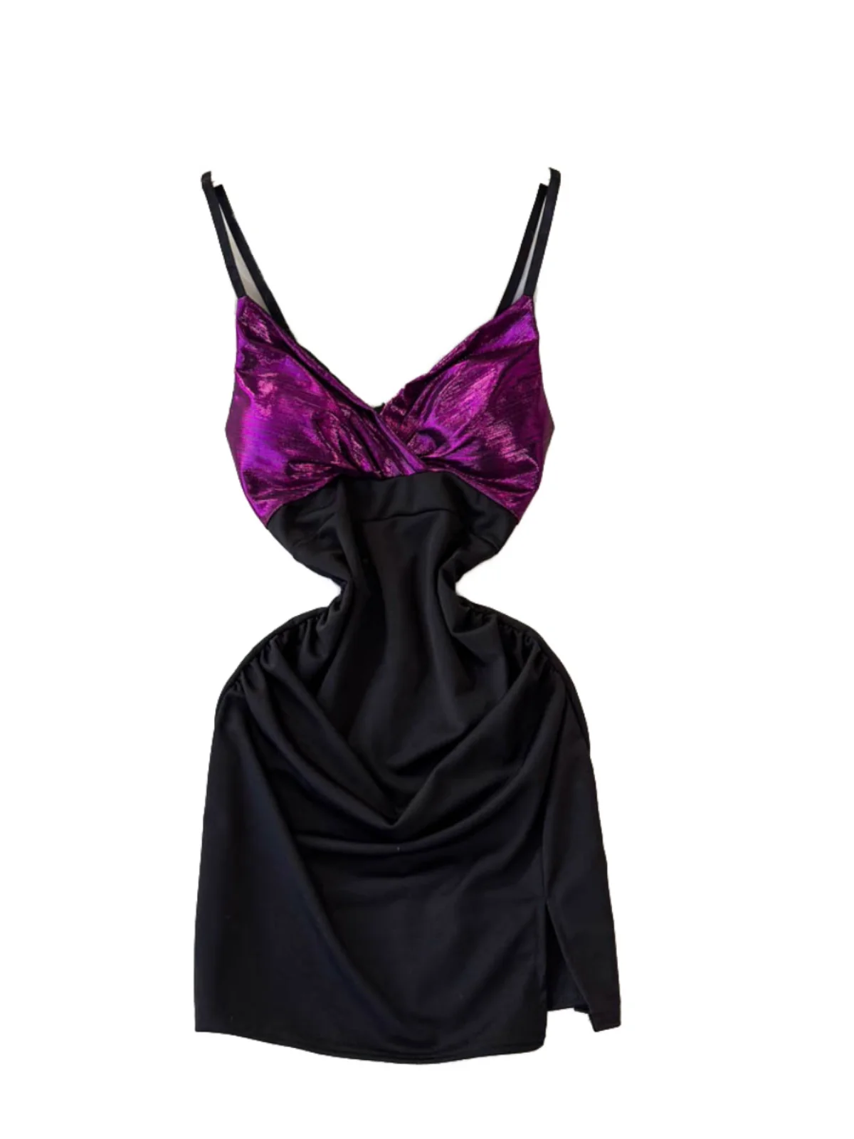 Foamlina New Women's Contrast Color Splicing Metal Chain Sling Dress for Nightclub Party Adjustable Straps Bodycon Mini Dresses