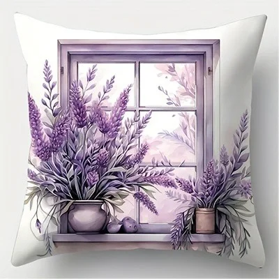 Lavender Window Book Jar Floral Pillow Cover Short Plush Polyester Cushion Case Decor Throw Pillowcase Home Deco