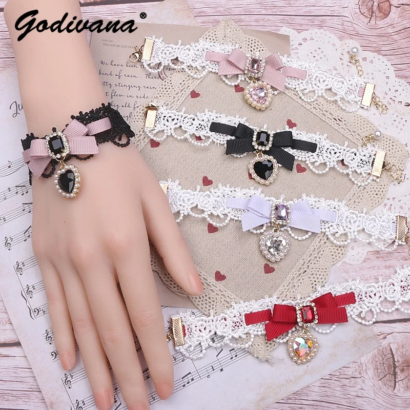 Handmade Mine Series Jewelry Sweet Girl Female Bow Lace Heart Shape Rhinestone Pendant Bracelet Lo Bracelet Wristband