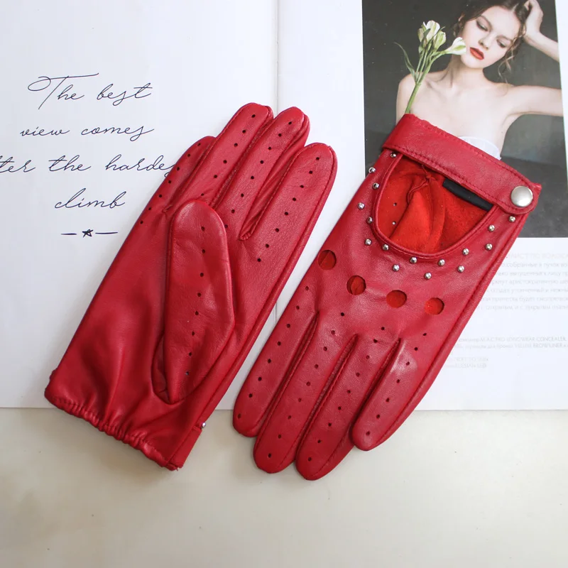 

New Women's Sheepskin Gloves Thin Unlined Rivet Style Colored Driving Leather Gloves