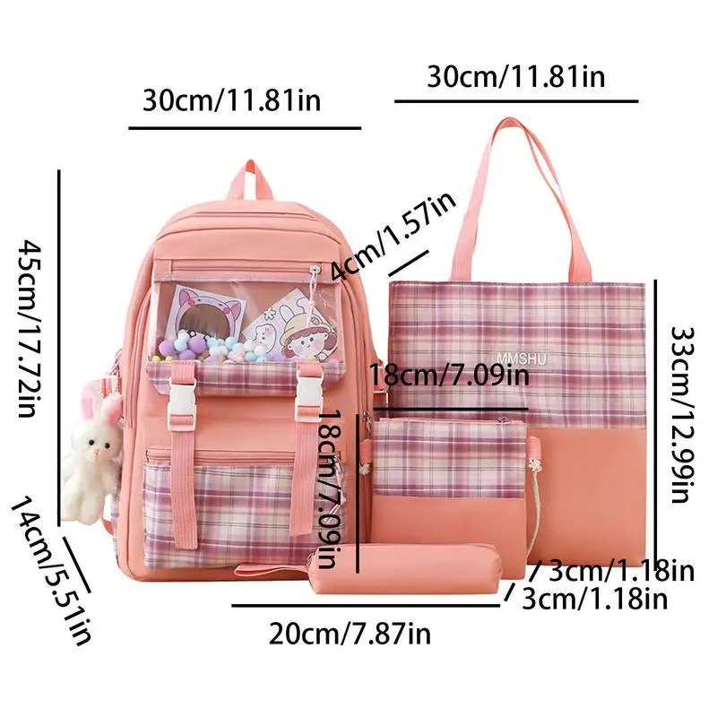 Set tas sekolah 4 buah, tas sekolah dengan liontin kelinci, tas bahu, tas tangan, kantung pena, tas sekolah