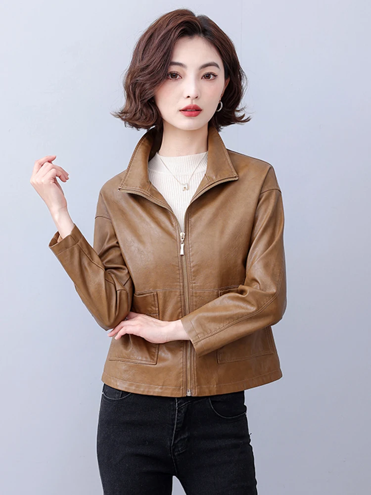 Giacca in Vera Pelle da Donna, Stile Corto, Nera, in Pelle di Pecora, Cappotto Primaverile Autunnale, Moda Hong Kong, Abbigliamento in Pelle di Piccole Dimensioni