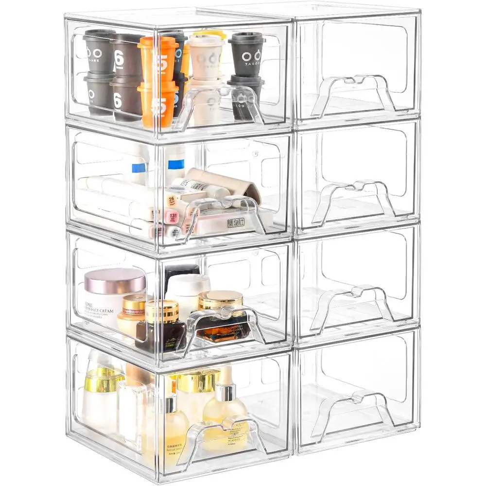 

Stackable 8-Compartment Makeup Organizer, 4.4 Clear Acrylic Storage with Pull-Out Handle for Vanity, Bathroom, Pantry, Desk, and