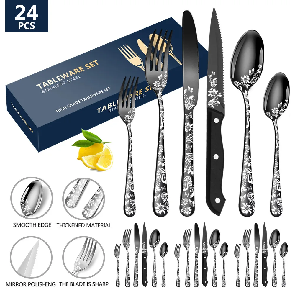 24Pcs Flatware Set Stainless Steel Dinnerware Cutlery Set Black Knife Fork Spoon Kitchen Tableware Set Drop Shipping