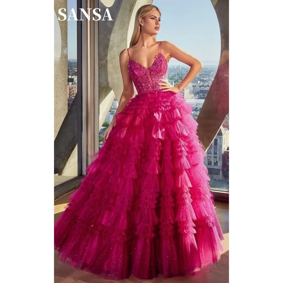 

Sansa Shiny Fuchsia فساتين السهرة Sexy Multilayer A-line Vestidos De Noche Spaghetti Strap Sleeveless Prom Dresses 2024