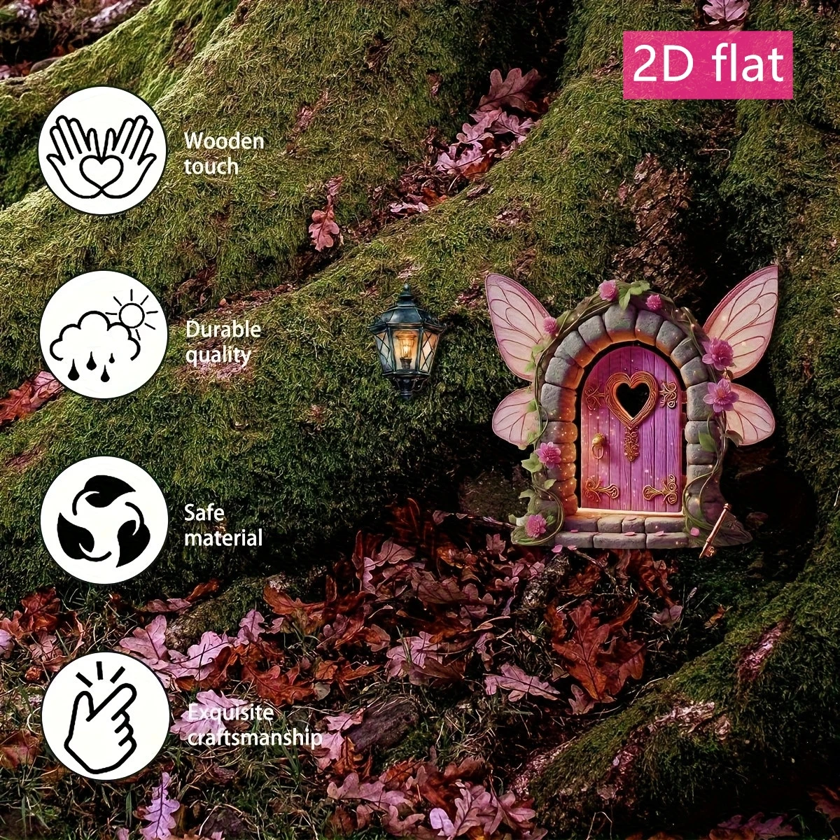 2D Flat Wooden Fairy Door Lantern Garden Mushroom House Tree Stump Corner Decoration Home Creative Decorations