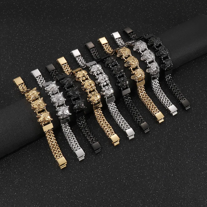 

12mm Punk 18K Gold Color Viking Wolf Bracelet Men Women Hiphop Stainless Steel Charm Bike Double Mesh Chain Skull Bangle Jewelry