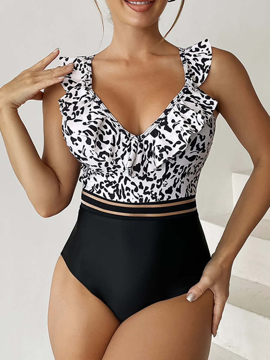 2023 Leopard Women Swimsuit One Piece Mesh Tape Swimwear Female V-neck Bodysuit Bathers Bathing Swimming Suit Sports Beachwear