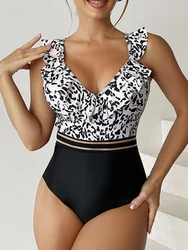 Bañador de leopardo para mujer, traje de baño de una pieza con cinta de malla, con cuello en V, ropa de playa deportiva, 2023