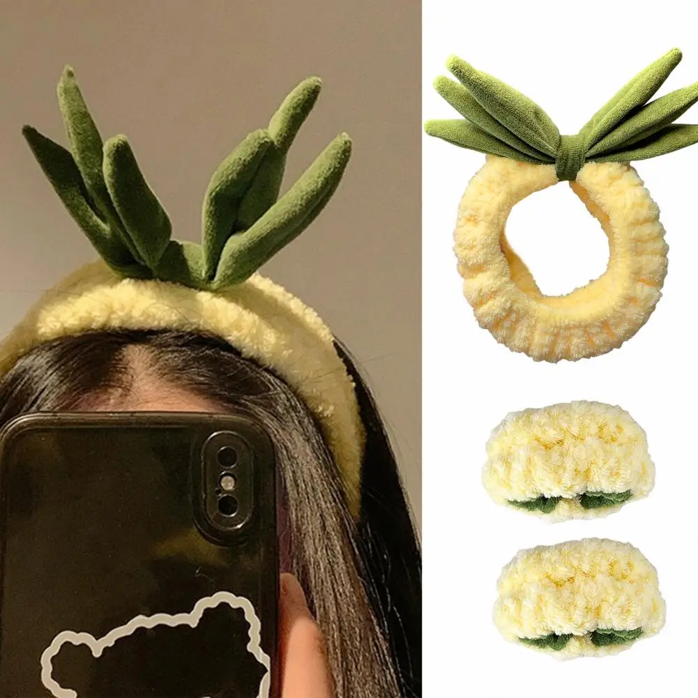 1 Set Face Wash Headband Wristband Set Elastic Anti-slip Pineapple Shape Hairband Makeup Skincare Sports Hair Accessoies