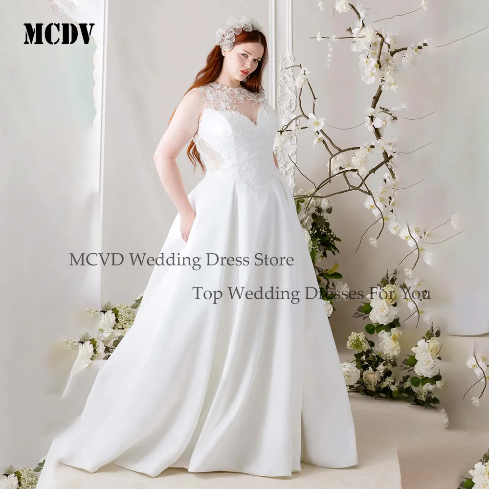 

MCDV Elegant Vintage Satin Lace Wedding Dress Bridal O-Neck A-Line Sweep Train Plus Size Bride Gown Vestidos De Novia Customized