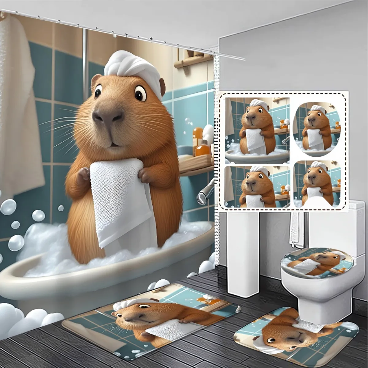 4pcs Cartoon cute and fun capybara Squirrel Bathroom Set - 2D FLAT Shower Curtain and Non-Slip Rugs for Bath Decor Exquisit