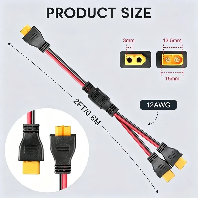 Heavy‑Duty XT60 Y‑Splitter Cable 1 Female To 2 Male Parallel Connector Adapter Power Distribution Wire for UAV Quadcopter RC Car