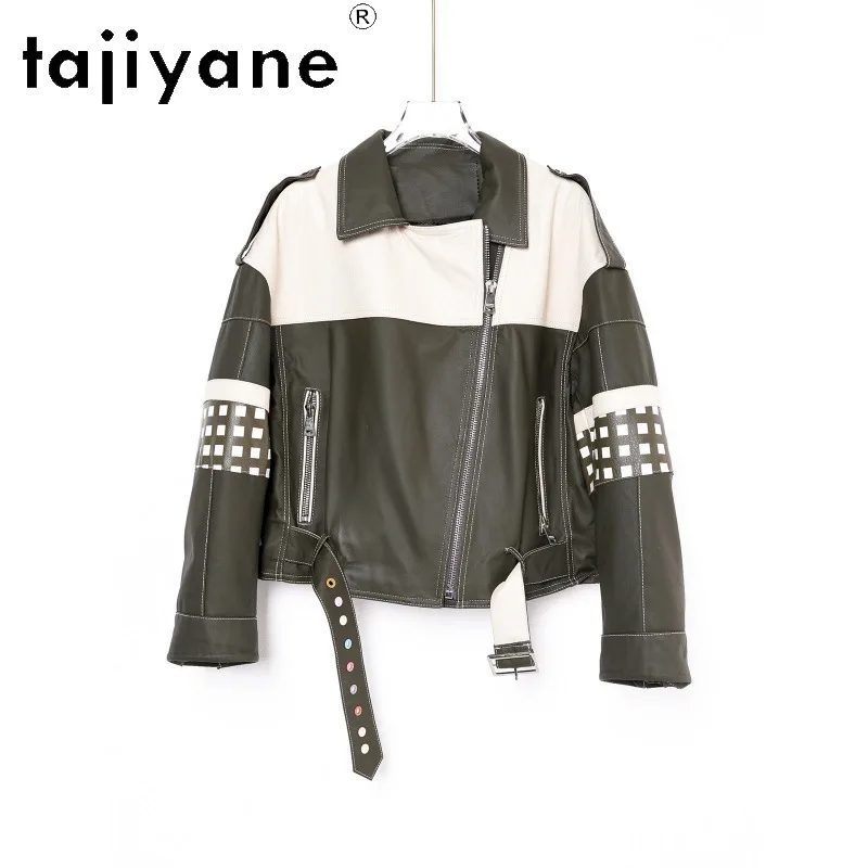 TAJIYANE 100% Sheepskin Genuine Leather Jacket Woman Green Biker Leather Coat Cropped Jacket for Woman Clothing Casual Jaqueta