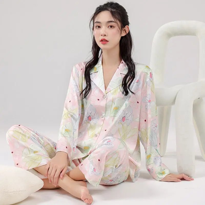 Two-Piece Women Pajamas Set Spring Silk Satin Sleepwear Lingerie Lapel Long Sleeve Shirt Trouser Suit Casual Pijamas Homewear