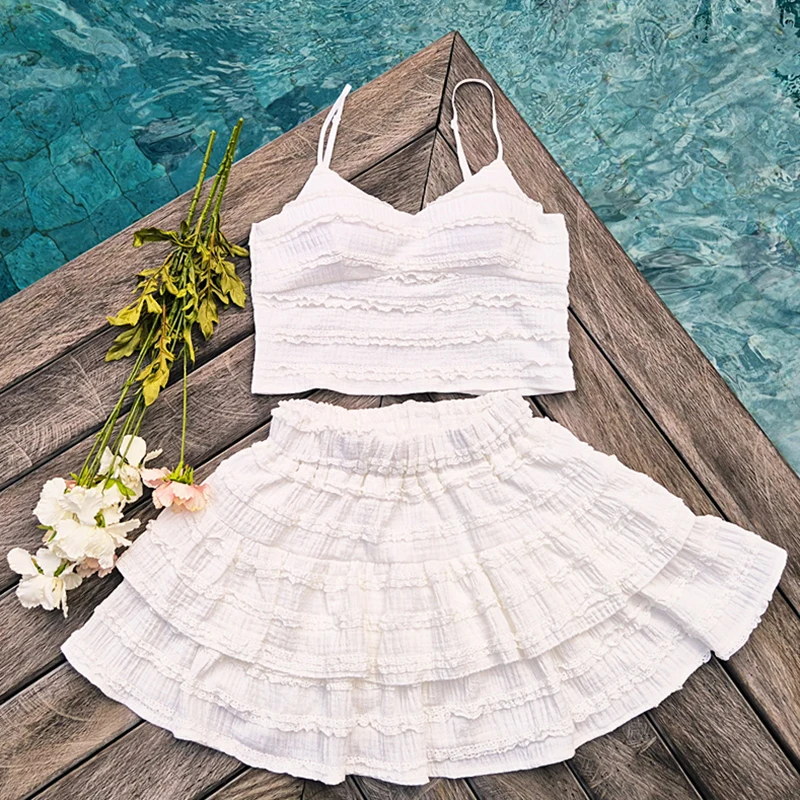 Maiô feminino sexy duas peças cor pura flouching senhoras maiô bonito tankini conjunto swim wear estilo coreano