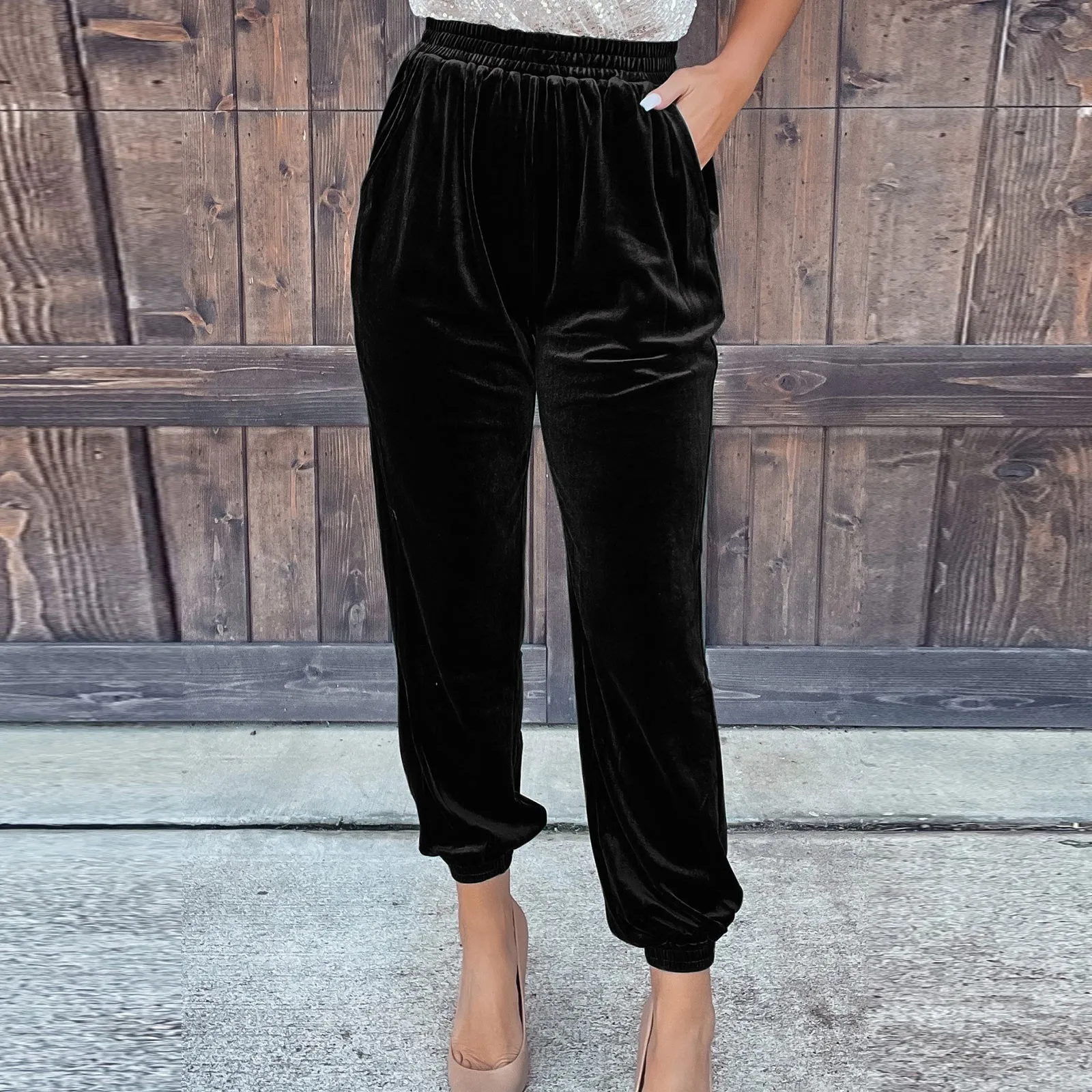 Women\'s Velvet Pants High Waist Loose Wide Leg Pants Casual Elastic Waist Velour Long Trousers with Pockets