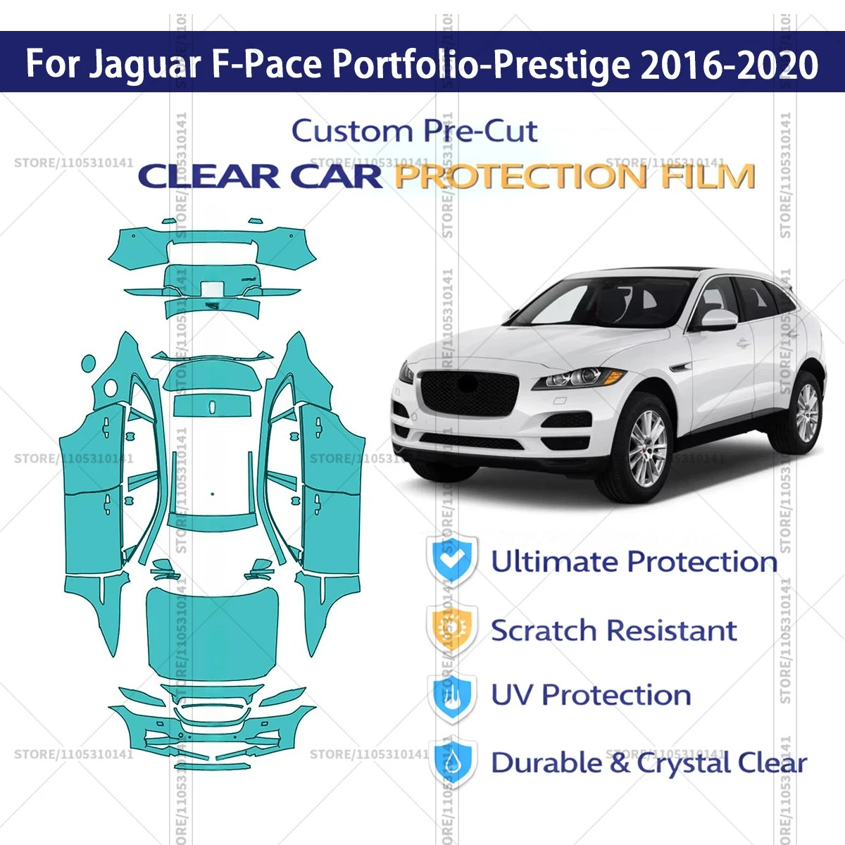 

Для Jaguar F-Pace Portfolio-Prestige 2016-2020: Предварительно вырезанная прозрачная защитная пленка PPF для автомобиля