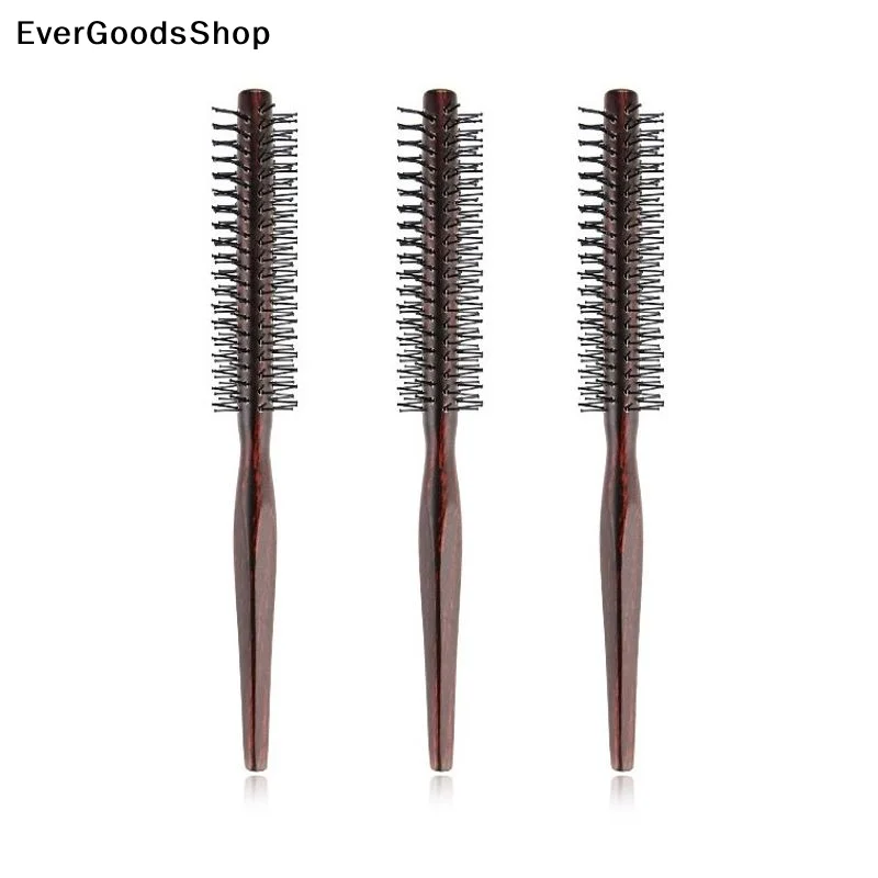 

New Curly Hair Styling Roller Comb Mini Round Nylon Hair Brush With Wooden Handle For Thin Or Short Hair Men Women Use