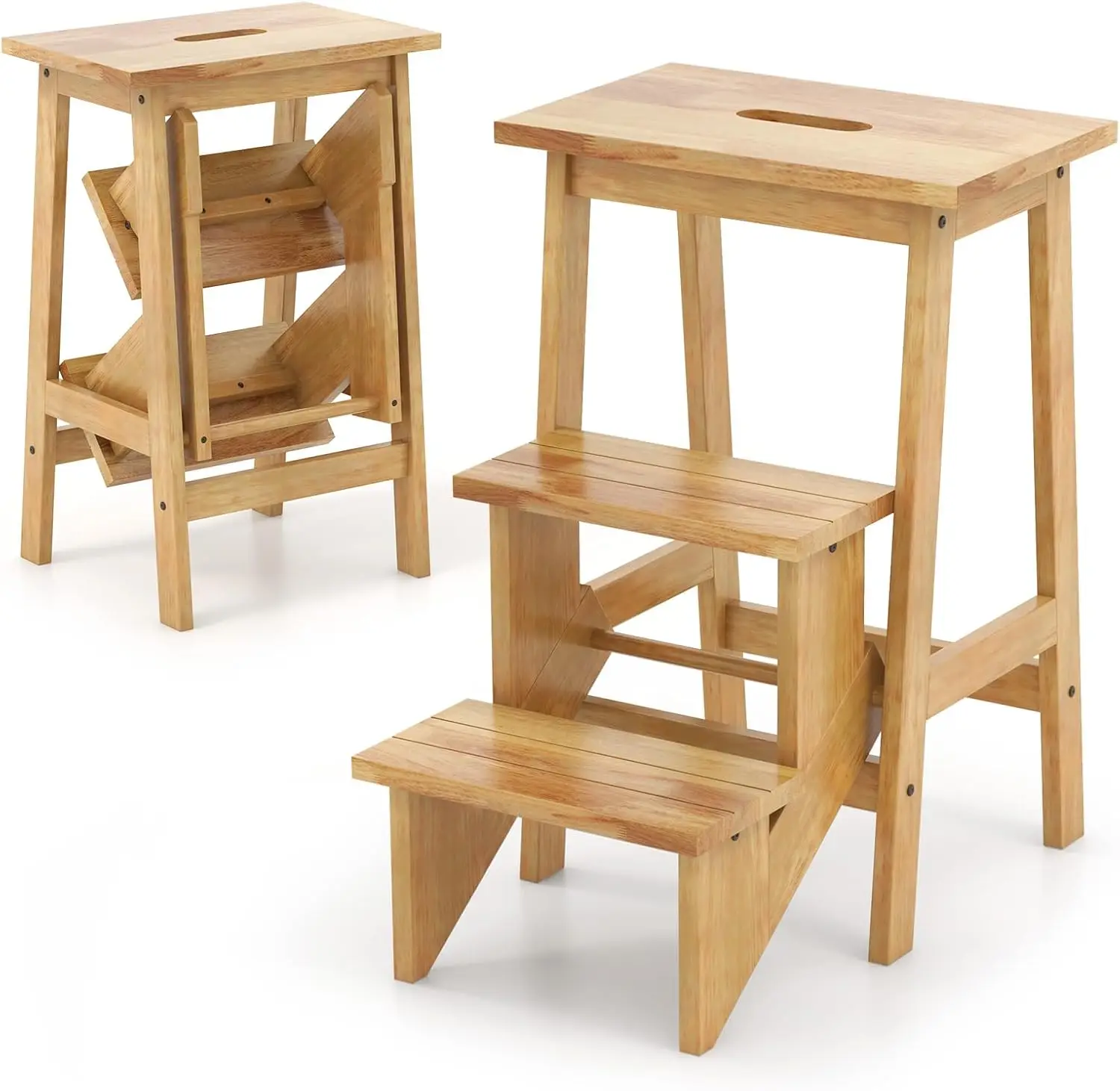 

3-Tier Folding Wood Step Ladder with Anti-Slip, Handle, and Storage Shelf for Home Kitchen, Garage